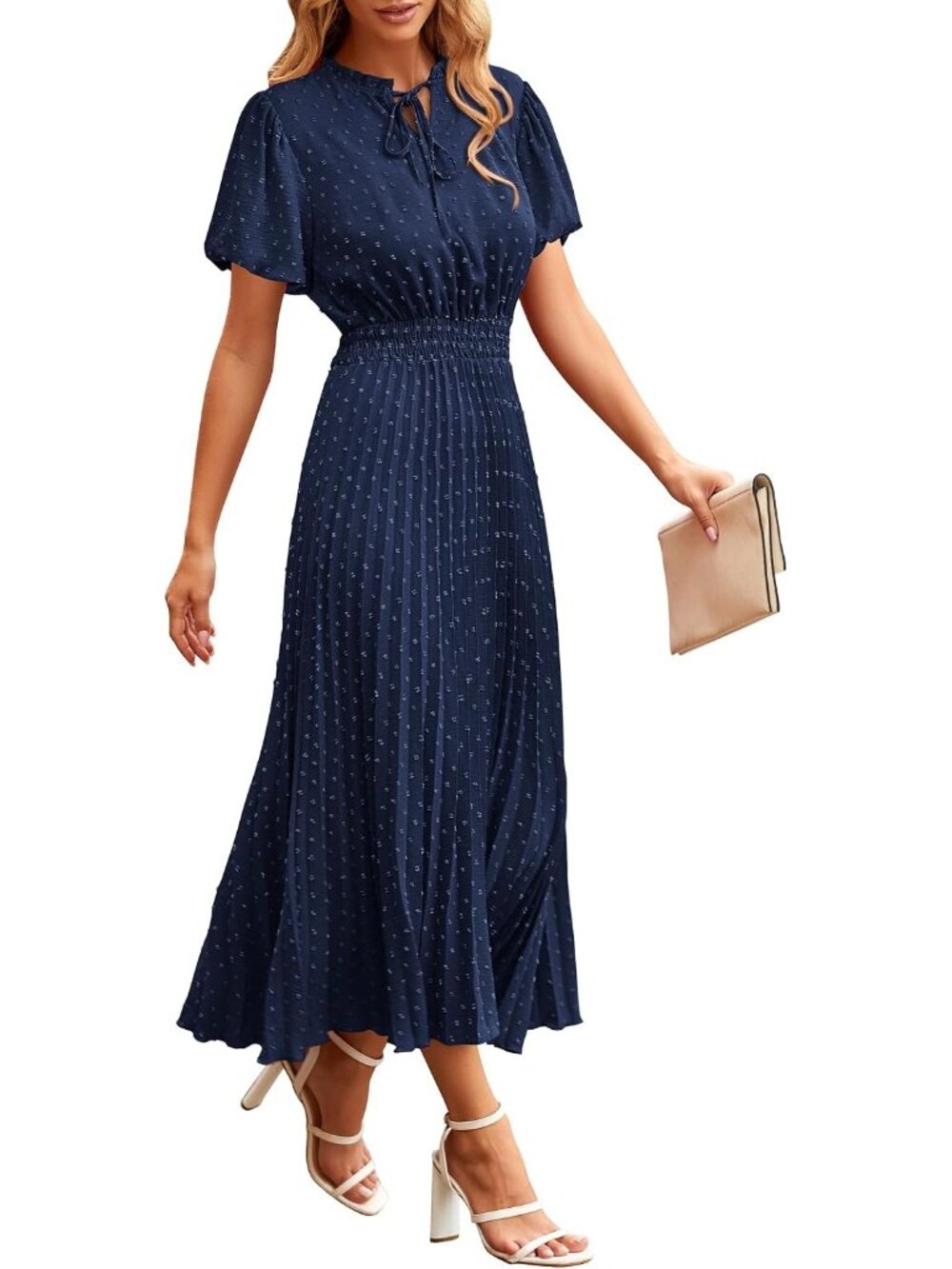 〽️Women’s Navy Floral Maxi Dress Flutter Sleeve Smocked Tiered Boho Summer